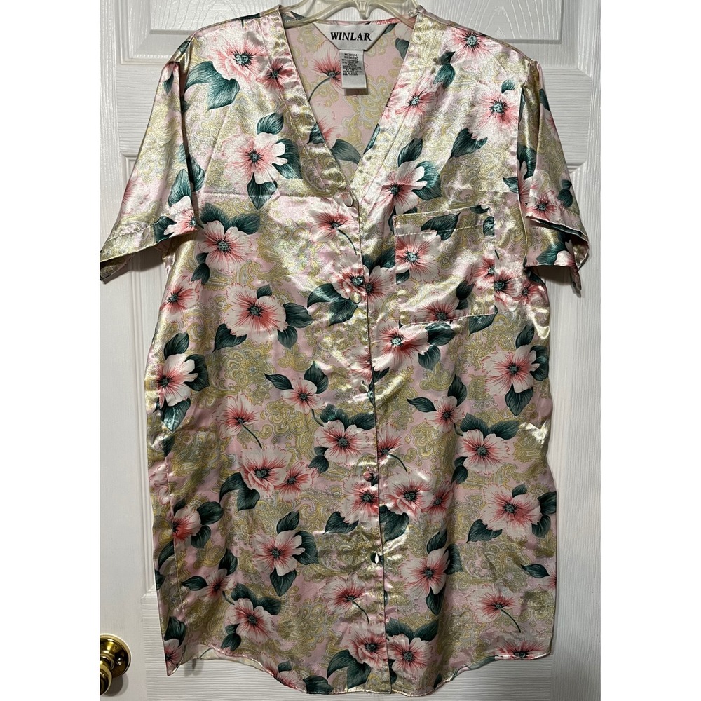 WINLAR Womens Floral Print Satin V Neck Short Sleeve Nightgown Pajama Top Medium